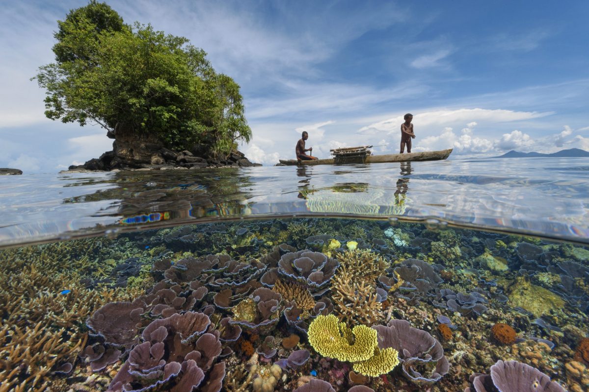Local fishermen in a traditional outrigger canoe above a coral garden.